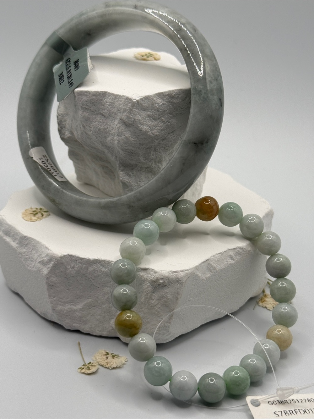 Natural Type A Jadeite Green Bead Bracelet and Bangle Set